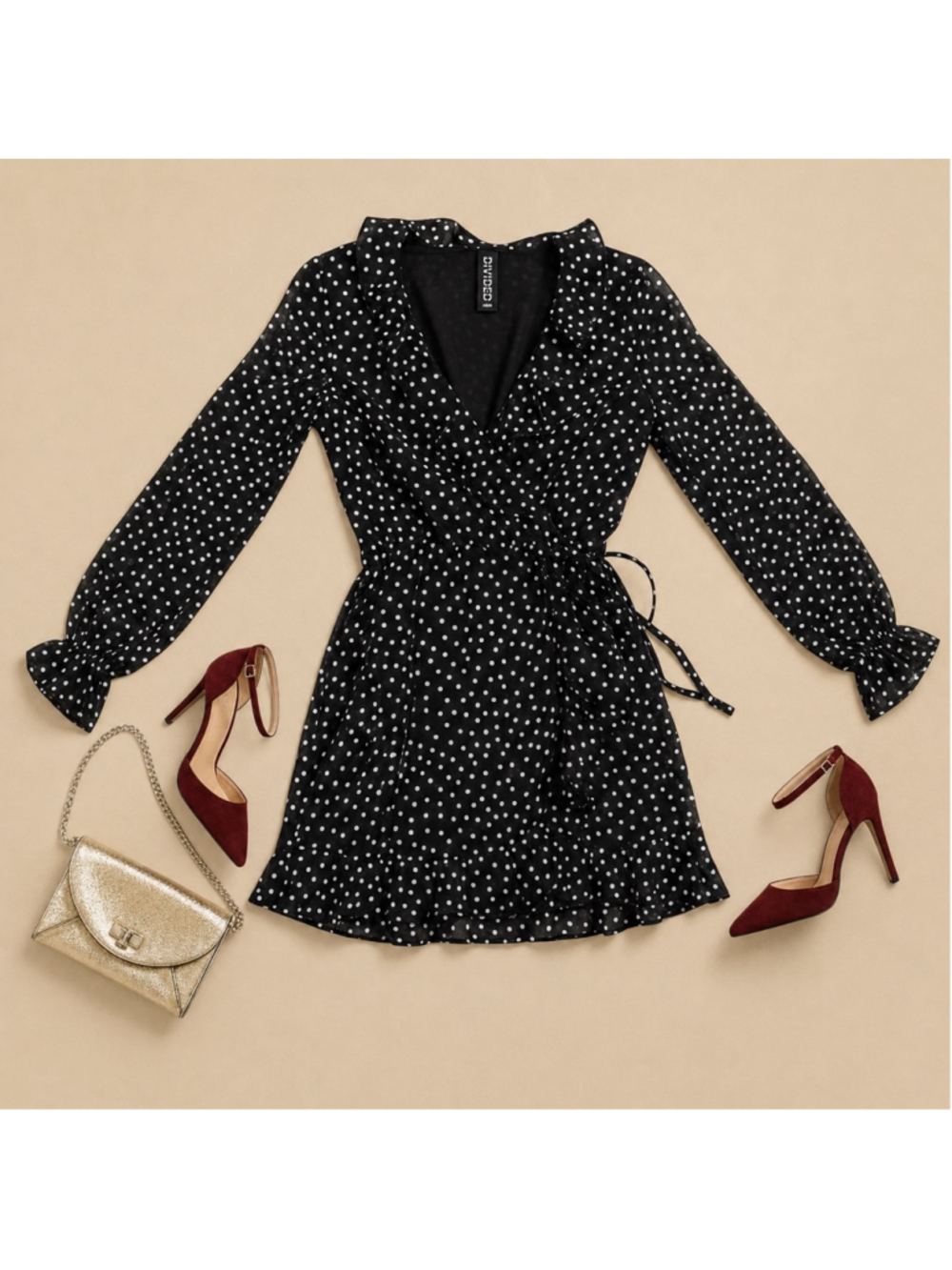 H&M Black Polka Dot Wrap Dress Sheer Sleeve Ruffle Mini Size 4 🖤 - Picture 2 of 5